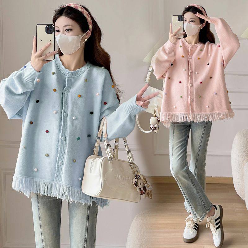 孕妇装秋冬季新款流苏针织外套韩版大码长袖上衣孕期宽松百搭开衫