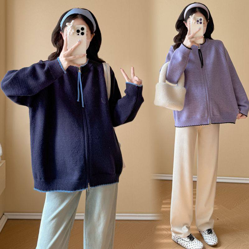 孕妇装秋冬款毛衣外套韩版休闲简约风针织衫孕期大码百搭上衣开衫