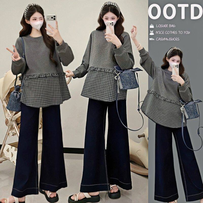 春季新款孕妇装上衣时尚设计感格子拼接慵懒风娃娃衫孕期洋气休闲