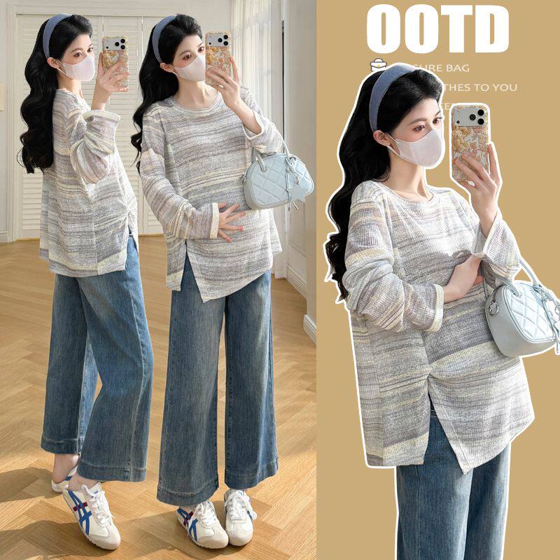 春夏薄款孕妇装条纹休闲长袖T恤衫孕期时尚百搭外穿上衣韩版大码