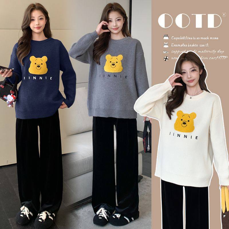 秋冬季孕妇装圆领针织衫小熊慵懒风宽松休闲上衣孕期百搭加厚毛衣