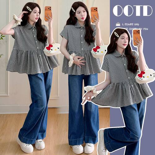 夏季新款孕妇装格子衬衫孕期上衣