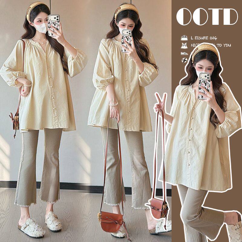 春季夏款孕妇装长袖衬衫孕期休闲宽松V领娃娃衫韩系百搭显瘦上衣