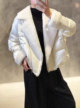 S160134新款仿皮毛一体拼接羽绒服女短款小个子保暖外套