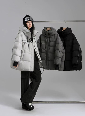 H99294-2025新款银色压条连帽羽绒服女款简约气质龟背保暖外套潮