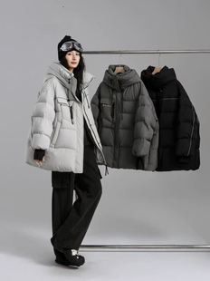 H99294-2025新款银色压条连帽羽绒服女款简约气质龟背保暖外套潮