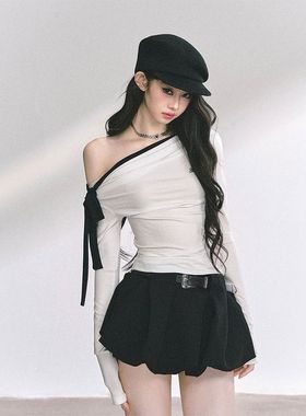 【甜欲漩涡】2025年新款秋季显瘦长袖斜肩T恤