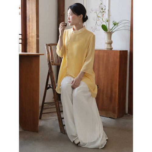 夏季中国风女禅意太极服斜襟太极拳服装新款长袖练功服茶服打坐服