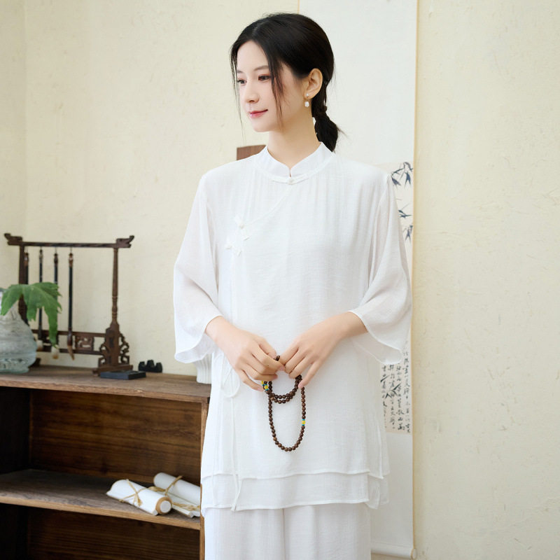 漂亮太极服女套装夏款飘逸白色短袖道服中国风太极拳练功服瑜珈服图片