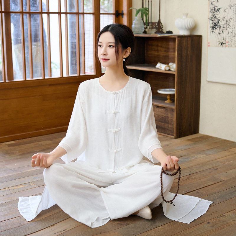 洋气漂亮中长款太极服女白色套装夏季道袍练功服打坐太极拳表演服