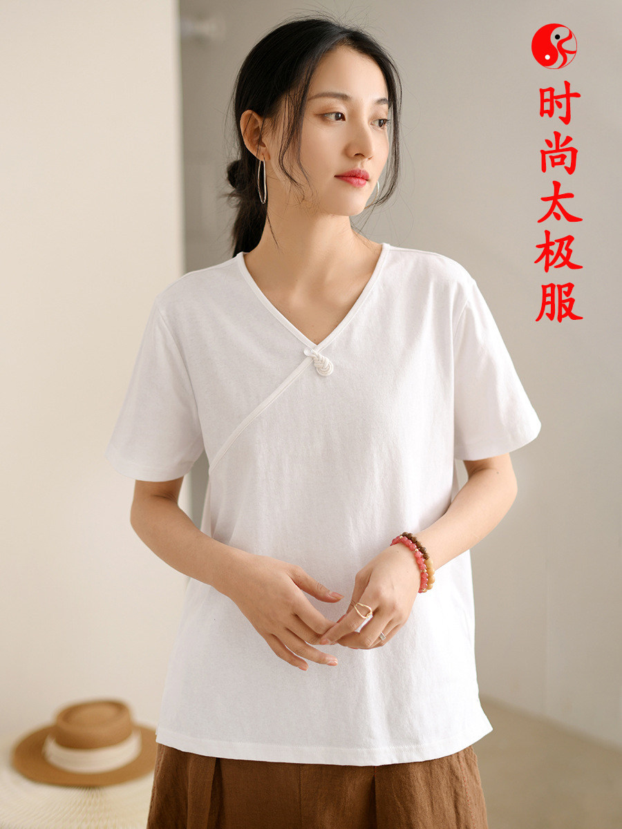 新款太极练功服白色好看的中袖短袖太极服太极服装女夏季新款棉麻