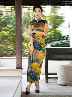 唐之恋改良真丝旗袍走秀长款女高级感桑蚕丝新款2025中式礼服高端