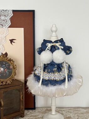 AW原创宠物狗衣服中式兰花秋冬蓝色灵动羽毛小型猫咪公主狗狗写真