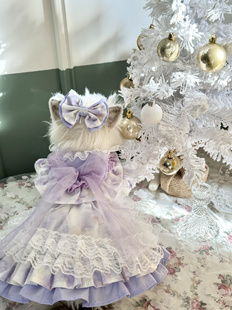 AW清新紫色蕾丝羽毛纱裙宠物狗狗蓬蓬裙西施犬英短猫咪聚会野餐服