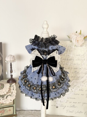 AW重工优雅蓝色花朵千鸟格毛呢优雅植绒蝴蝶比熊泰迪约克夏猫咪蓝