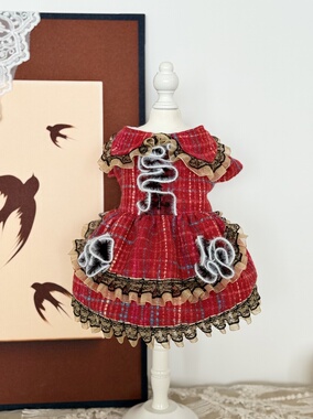 AW红色毛呢格纹质感秋冬宠物猫咪比熊博美狗狗小裙子波浪花边简约