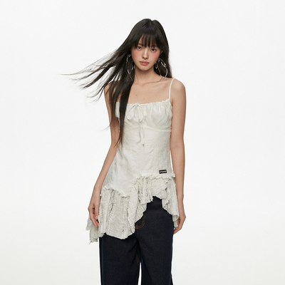 CyNi斜边吊带上衣/针织罩衫/蕾丝短袖T