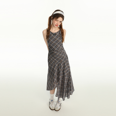 CyNi美式复古深蓝色格子挂脖连衣裙夏季
