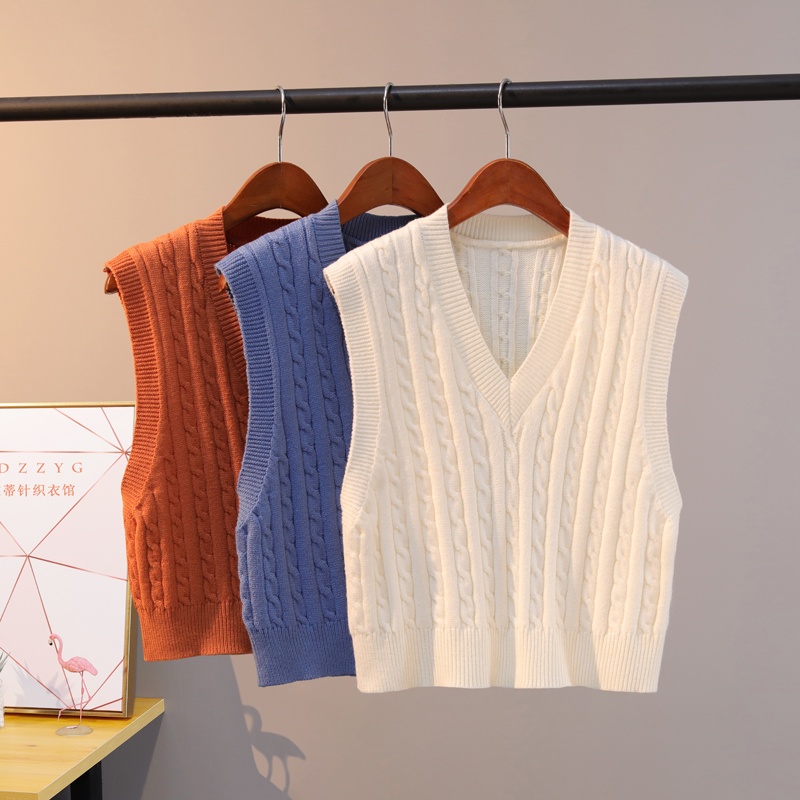 春秋款短款v领背心女学院风无袖毛衣纯色修身马甲麻花针织衫马夹