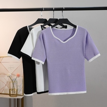 【工厂直销】鸡心领紫色T恤女2024夏季显瘦冰丝短袖薄套头打底衫