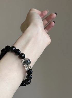 天然手串黑曜石本命年转运手链男女款银曜石情侣礼物转运珠好运