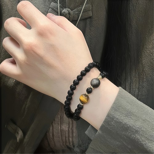 天然黑曜石搭配虎眼石双圈手串男女生时尚水晶文玩手链串珠6mm