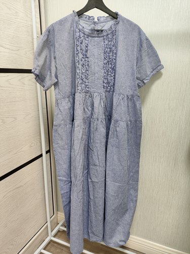 日单大码女装棉麻混纺长款半袖宽松连衣裙