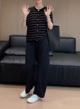 日系cherrykoko25133春季新款慵懒风条纹开衫高腰休闲裤洋气显瘦