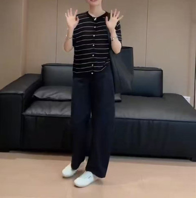 日系cherrykoko25133春季新款慵懒风条纹开衫高腰休闲裤洋气显瘦