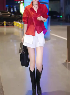 日系cherrykoko25317夏季新高级感长袖防晒衬衫高腰设计感短裤女