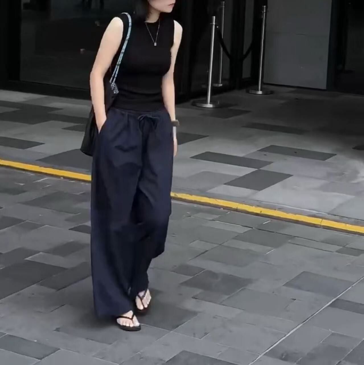 日系cherrykoko夏季新款时尚无袖修身背心宽松垂感阔腿裤女