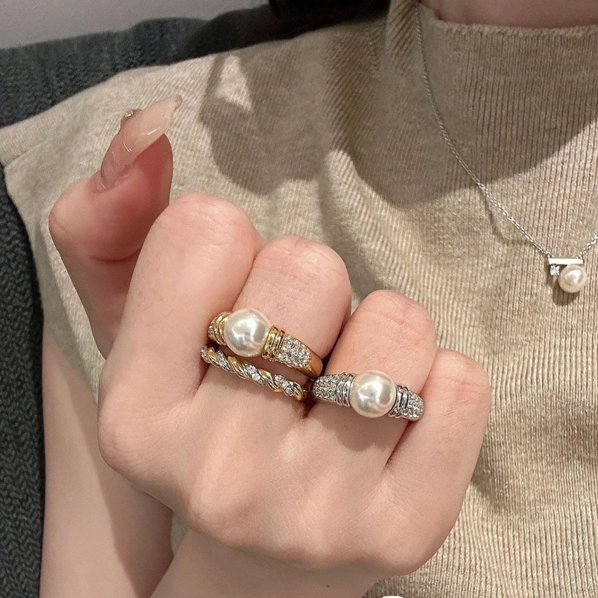 日系CherryKokovintage镶钻珍珠戒指女中古风百搭个性灰珍珠小众