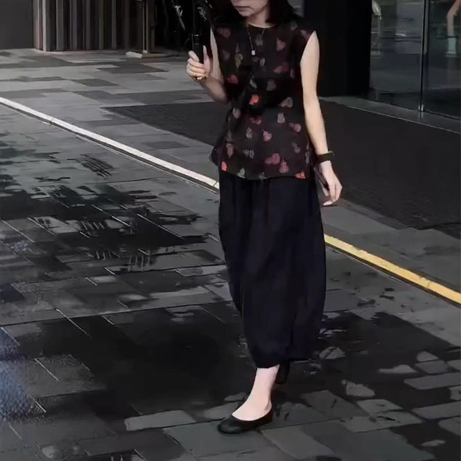 日系cherrykoko夏季新款复古印花无袖上衣休闲哈伦裤洋气女