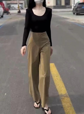 日系cherrykoko24658早秋新款修身长袖黑色u领上衣高腰直筒裤