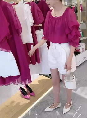 日系cherrykoko24606新款木耳边玫红色雪纺上衣高腰阔腿短裤女装