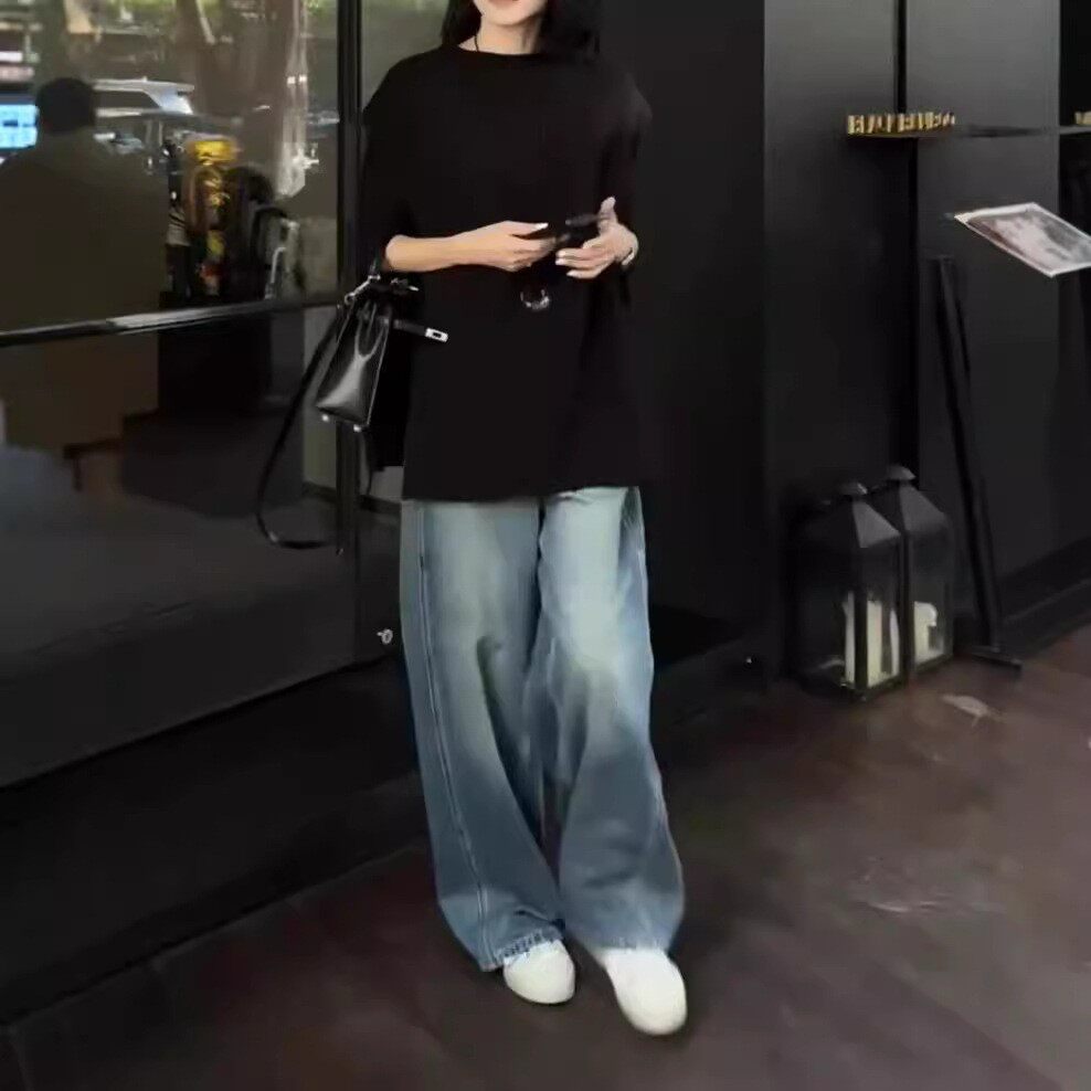 日系cherrykoko秋季新款休闲洋气黑色披肩直筒牛仔裤时尚女