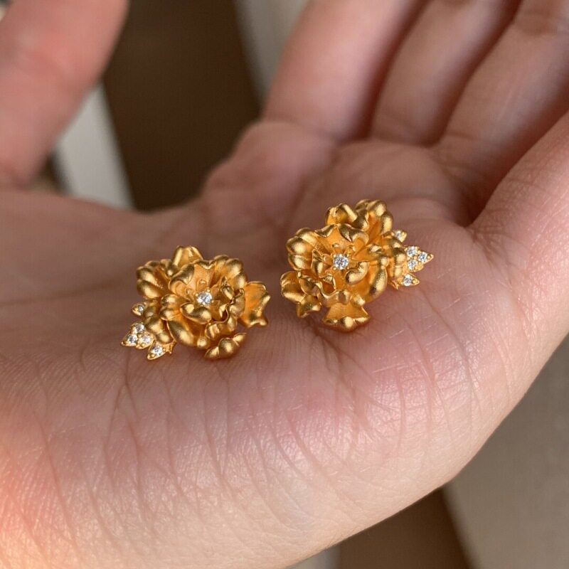 日系CherryKoko法式复古高级金色牡丹花耳钉点钻百搭精致感轻奢