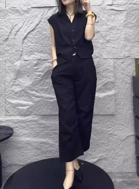 日系cherrykoko24330夏季新款时尚v领无袖上衣高腰直筒九分裤显