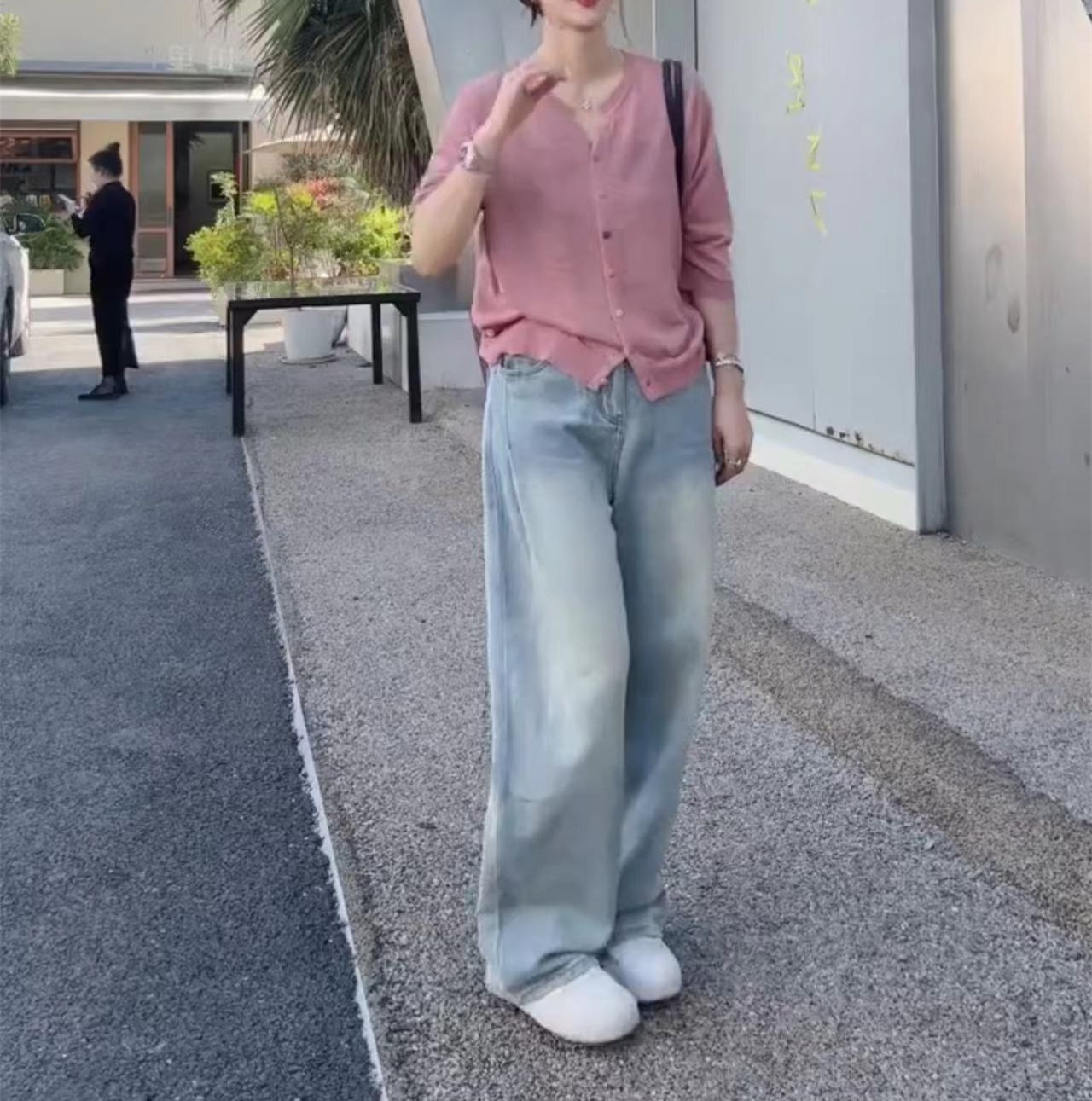 日系cherrykoko秋季新款简约净版宽松外套高腰直筒牛仔裤女