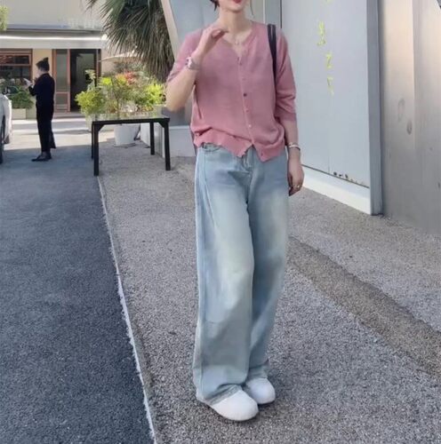 日系cherrykoko秋季新款简约净版宽松外套高腰直筒牛仔裤女
