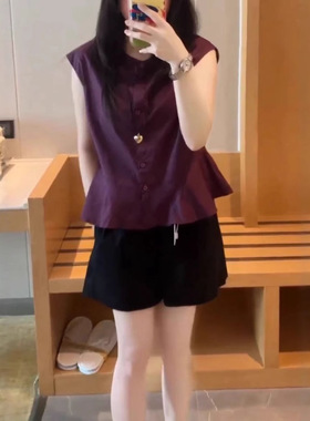 日系cherrykoko25566夏季新款时尚圆领无袖衬衫洋气高腰短裤女潮