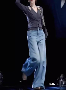 日系cherrykoko24621春季新时尚挂脖假两件上衣高腰直筒牛仔裤女