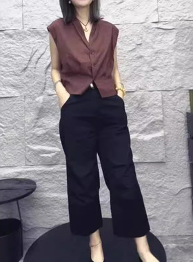 日系cherrykoko24330夏季新款时尚v领无袖上衣高腰直筒九分裤显