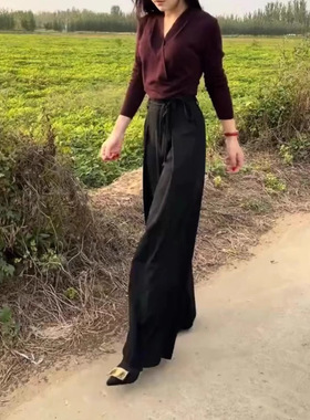 日系cherrykoko241000秋季新款高级感v领交叉长袖t恤高腰阔腿