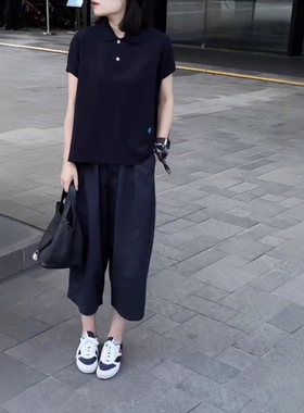 日系cherrykoko25329夏季新款polo领宽松短袖上衣休闲阔腿裤女潮