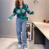 新款 菱格长袖 开衫 日系cherrykoko秋季 休闲牛仔裤 洋气女