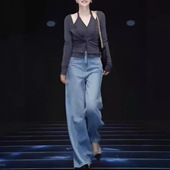 日系cherrykoko春秋新时尚 挂脖假两件上衣高腰直筒牛仔裤 女