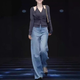 日系cherrykoko春秋新时尚挂脖假两件上衣高腰直筒牛仔裤女