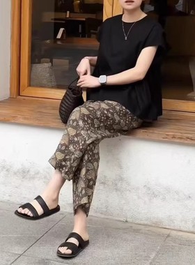 日系cherrykoko25231夏季新款色宽松短袖t恤印花九分裤洋气显瘦