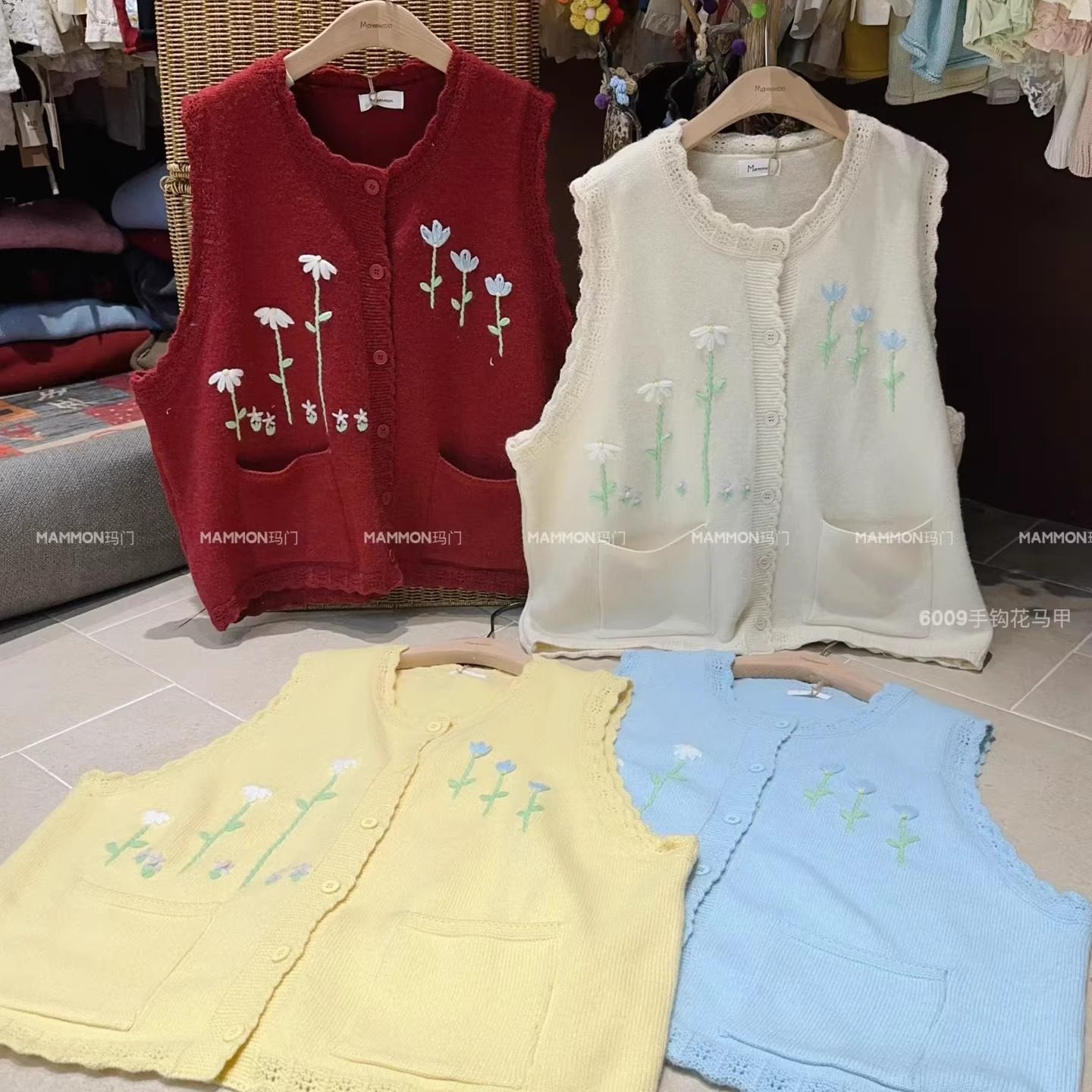 玛门2026春季韩系小清新糖果色手工钩花针织晴棉马甲女百搭显瘦